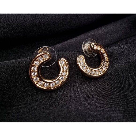 Vintage SWAROVSKI Gold-Tone Crystal Stud Earrings With Horseshoe Design & Clear - Picture 1 of 5